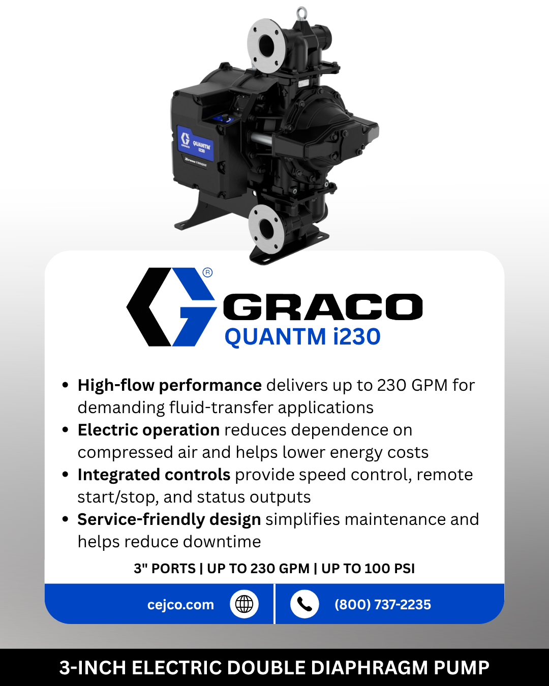 Graphic explaing the design advantages of the Graco Quantm i230 sold by Carl Eric Johnson, Inc. 
